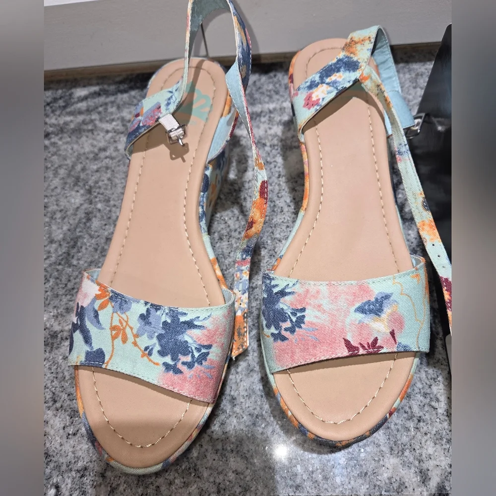 Fergalicious Floral Espadrille Wedge Sandals in Light Blue, Orange, Navy